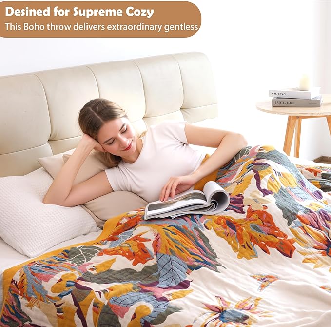 Boho Throw Blanket, 100% Organic Cotton Breathable Ultra Soft Bed Cover 50" x 60" Throw - All Season Rustic Floral Farmhouse Decor Blanket for Sofa Couch Chair and Gift-Beige