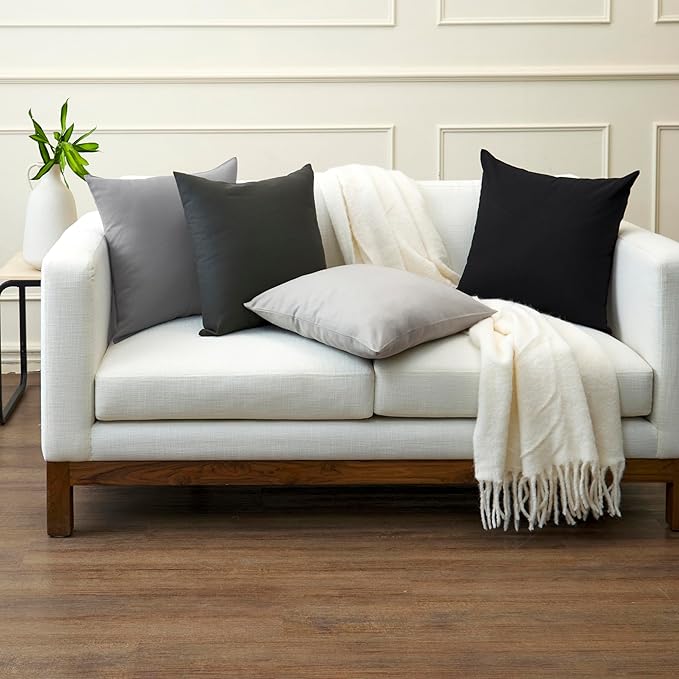 Encasa XO Throw Pillow Covers 24x24 in Set of 4 Charcoal Grey | No Inserts | Cotton Pillow Covers for Living Room, Bed, Sofa, Couch | Decorative Cushion Covers with Improved Zipper