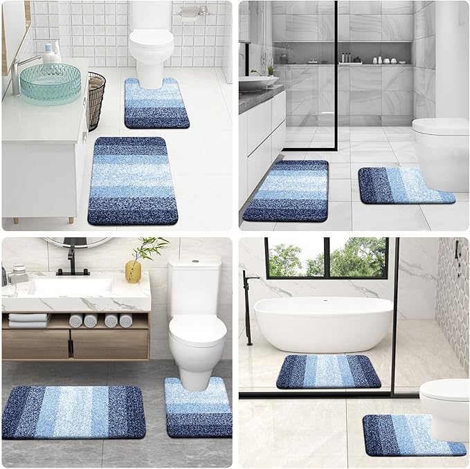 OLANLY Bathroom Rugs Sets 4 Piece, Soft Microfiber Absorbent Bath Mat, U-Shaped Contour Toilet Mat and Toilet Lid Cover, Quick Dry, Machine Washable, Toilet Cover and Rug Set for Bathroom, Navy