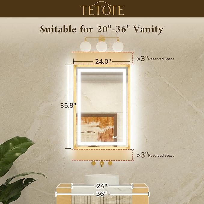 TETOTE 24 x 36 Bathroom LED Mirror Brushed Bright Nickel Metal Frame Frontlit & Backlit Vanity Mirror Anti-Fog Stepless Dimmable 3 Colors White/Warm/Natural Mirror with Lights Wall-Mounted