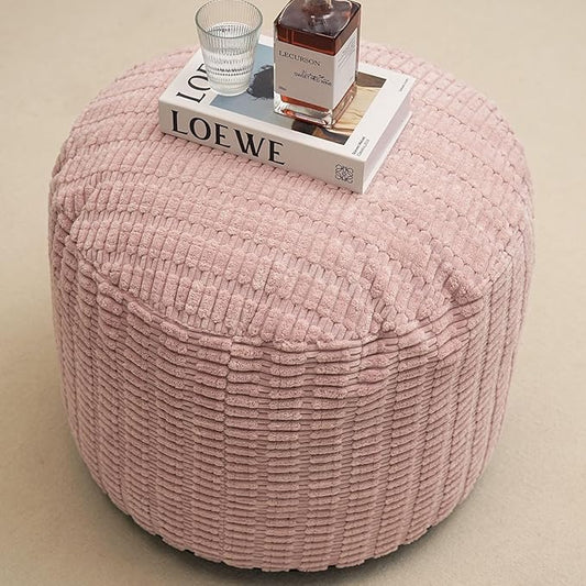 Round Stuffed Pouf Ottoman for Foot Rest, Storage Ottoman Pouf Foot Stool Cushion, Faux Fur Poufs with Foam Chunk Filling, 20 X 15 Inch Floor Chair for Living Room Bedroom Home Decor, Pink