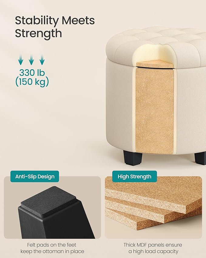 SONGMICS Round Ottoman, Ottoman with Storage, 17.7 x 17.7 x 17.5 Inches, Foot Rest with Legs, Linen-Look Fabric, Load up to 330 lb, for Living Room, Bedroom, Light Beige ULOM011W01