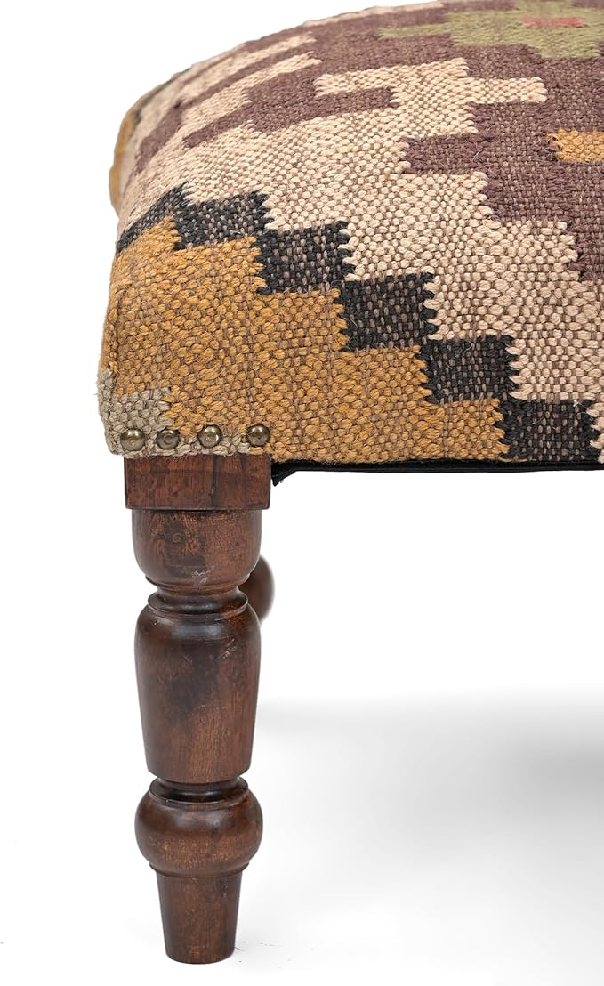 Handmade Jute Soft Ottomans Square Shape Stool for Sitting and Foot Rest with Wooden Legs, Entryway Modern Stool for Living Room, Bedroom, Hall (Yellow, L 15.74 x W 15.74 x H 14 inch)