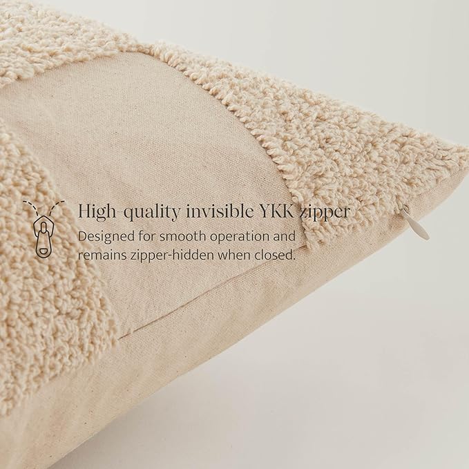 Double Stitch Checkered Throw Pillow Covers - 100% Cotton Set of 2 Tufted Boho Decorative Pillow Covers 18x18, Made in India, Square Cushion Case, Modern Home Decor for Couch, Sofa, Living Room, Oat