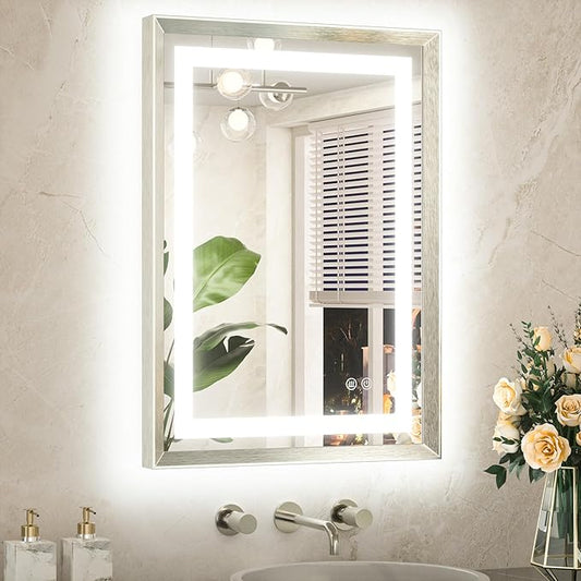 TETOTE 20 x 28 Bathroom LED Mirror Brushed Bright Nickel Metal Frame Frontlit & Backlit Vanity Mirror Anti-Fog Stepless Dimmable 3 Colors White/Warm/Natural Mirror with Lights Wall-Mounted