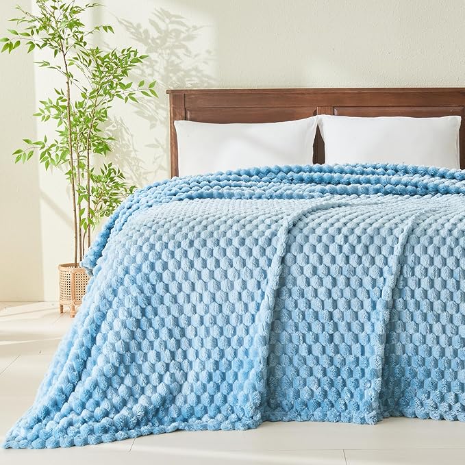 NEWCOSPLAY Super Soft Queen Blanket Blue Premium Silky Flannel Fleece 3D Clouds Stylish Jacquard Lightweight Bed Blanket All Season Use 350GSM (Blue, Queen(90"x90"))