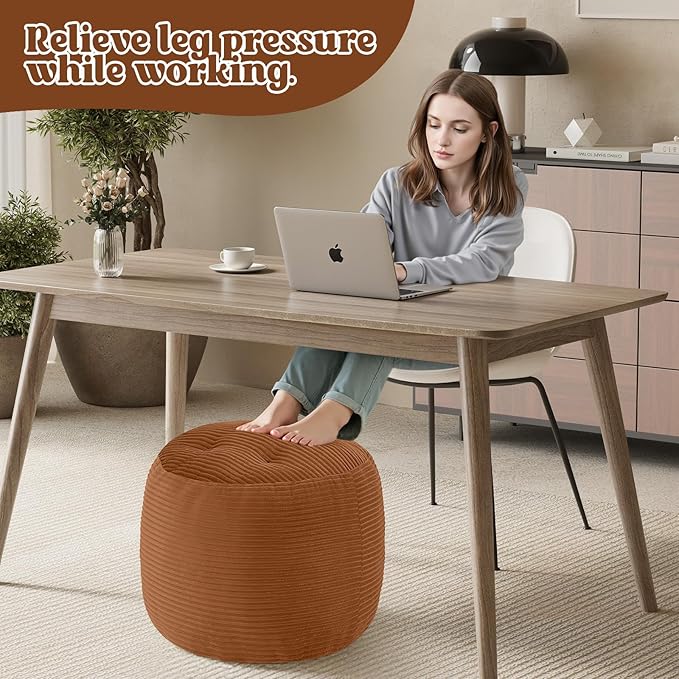 MeMoreCool Stuffed Round Pouf Ottoman Foot Rest, Floor Pouf Foot Stool with Soft Foam Chunk Filling, Round Small Ottoman Footstool Circle Footrest for Couch Living Room, Corduroy Coffee