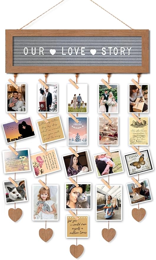 Buecasa Felt Letter Board with 340 Letters and 30 Clips - Rustic Picture Frames Collage Wall Decor Sign - Multi Photos Cards Organizer 15.7x5 Inches (Nature)