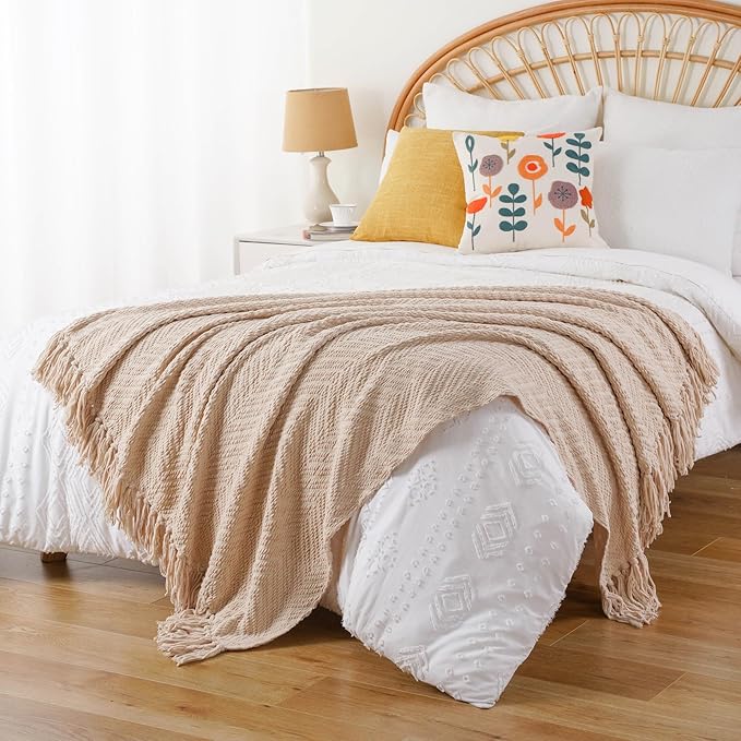 BATTILO HOME Beige Throw Blankets for Couch, Knitted Tan Throw Blanket for Twin Bed, Super Soft Warm Large Throws for Home Decor, 60" x 80"