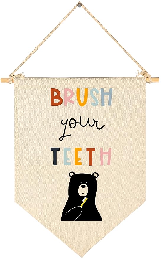 Brush Your Teeth - Bathroom Wall Decor for Kids- Bear Theme Decor- Children Learning Sign- Flag Decor Gift For Kids Boys Girls - Banner Wall Sign Gifts for Bathroom