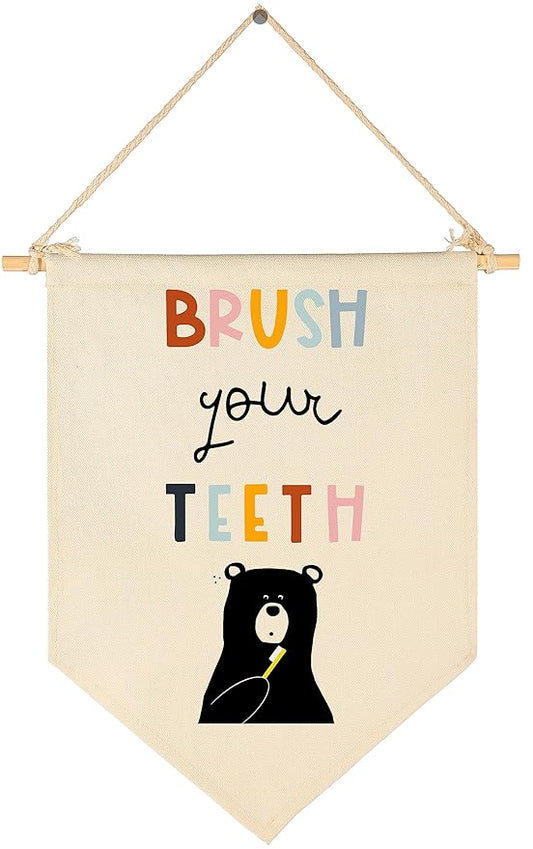 Brush Your Teeth - Bathroom Wall Decor for Kids- Bear Theme Decor- Children Learning Sign- Flag Decor Gift For Kids Boys Girls - Banner Wall Sign Gifts for Bathroom