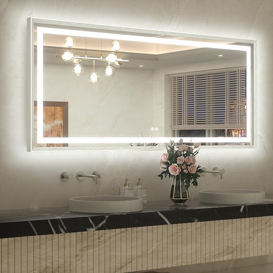 TETOTE 60 x 28 Large Bathroom Mirror Brushed Nickel Metal Frame Frontlit & Backlit Vanity Mirror 3 Colors White/Warm/Natural Stepless Dimmable Anti-Fog Bathroom Mirrors for Vanity Wall-Mounted