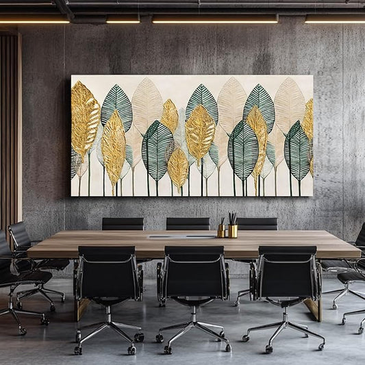 CHUDANHAO Green Canvas Artwork Gold Leaves Painting Beige Art Modern Wall Decor for Office Living Room Neutral Wall Art 29"x58" Print Photos