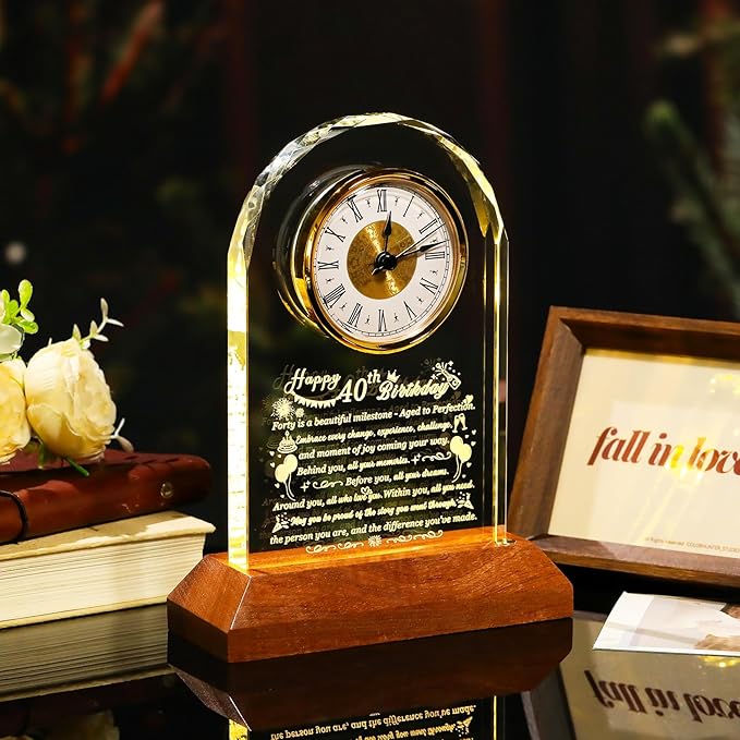 Happy 40th Birthday Glass Clock Gifts for Women, Men - 40 Year Old Birthday Gift with Wooden Light Base for Her Him, Turning 40 Quartz Clock Gift Idea for Mom Dad Unique Keepsake