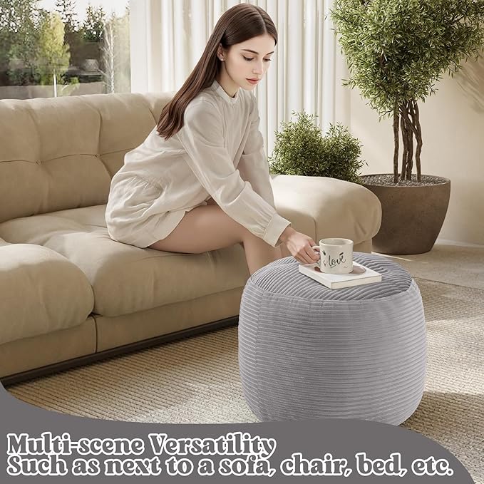 MeMoreCool Stuffed Round Pouf Ottoman Foot Rest, Floor Pouf Foot Stool with Soft Foam Chunk Filling, Round Small Ottoman Footstool Circle Footrest for Couch Living Room, Corduroy Grey