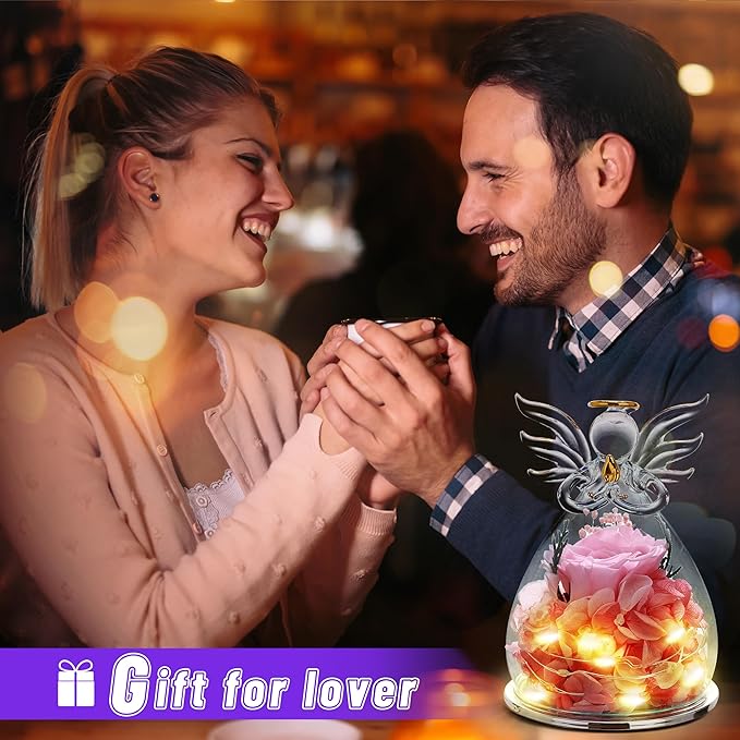 ANLUNOB Preserved Flowers Rose Birthday Gifts for Women, Angels with Pretty Pink Roses for Wedding