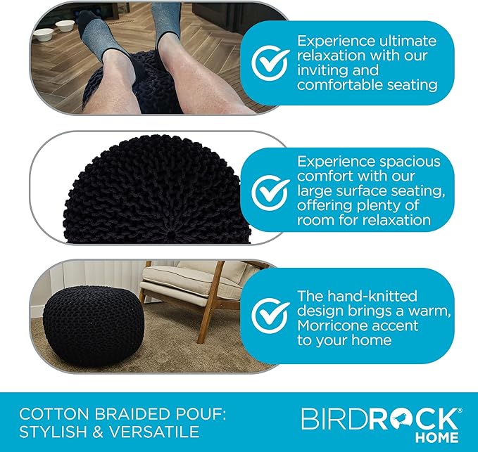 BIRDROCK HOME Round Pouf Ottoman | Cotton Braided Foot Stool with Bean Bag Filling | Boho Foot Rest for Living Room & Bedroom | Compact & Comfortable Seating, Lightweight & Soft | Black