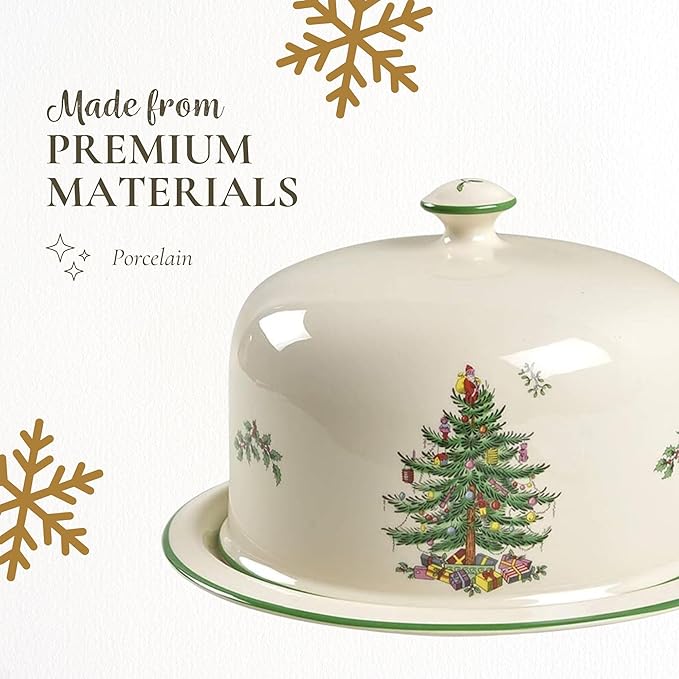 Spode Christmas Tree 2 Piece Serving Platter with Dome Set - Ceramic Holiday Serving Tray for Cakes, Desserts, Side Dishes - Microwave, Oven, Dishwasher Safe Christmas Serveware