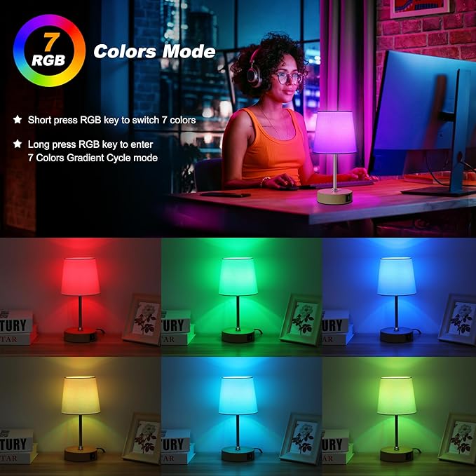 Ascher Small Bedside Table lamp Set of 2, RGB Color Changing Lamps, 3 Color Temperatures, Stepless Dimmable, Nightstand Lamp with USB C+A Ports for Bedroom Living Room, (White Shade, Wood Grain Base)