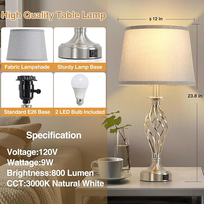 Nightstand Table Lamps for Bedrooms Set of 2 with USB C+A, Bedside Lamps with Spiral Cage Base, Tall Living Room Lamps for End Tables, Modern Night Stand Lamps for Bed Side Guest Room Bulbs Included