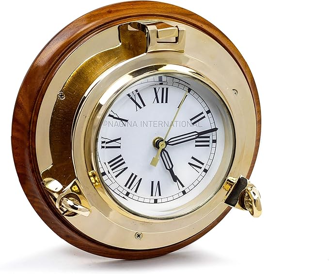 Nagina International Large Nautical Authentic Brass Porthole Clock On Wooden Rosewood Mount | Excellent Quality Nautical Decor for Real Navals (10 Inches)