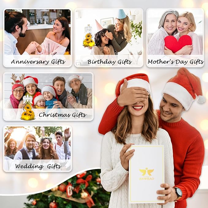 Christmas Sunflower Gifts for Women,Sunflowers Gifts for Mom Angels Figurines Sunflower Bouquet with Necklace, Light Up Sunflowers in Glass,Xmas Birthday Gifts for Her Mom Wife Girlfriend Sister