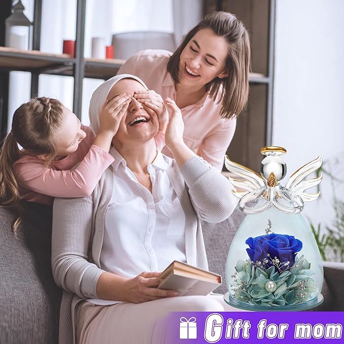 ANLUNOB Preserved Rose Birthday Gifts for Women Mom Grandma Wife, Glass Angel Figurines Gifts with Pretty Dark Blue Flowers for Anniversary Wedding