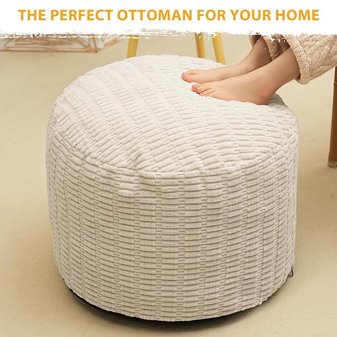 Round Stuffed Pouf Ottoman for Foot Rest, Storage Ottoman Pouf Foot Stool Cushion, Faux Fur Poufs with Foam Chunk Filling, 26 X 18 Inch Floor Chair for Living Room Bedroom Home Decor, Beige