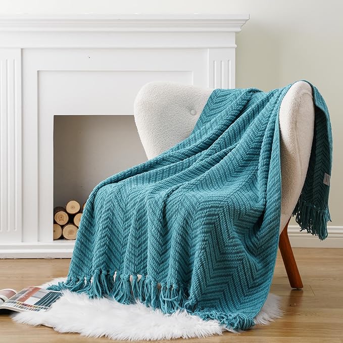 BATTILO HOME Teal Throw Blanket for Couch, Knit Woven Turquoise Blanket Versatile for Chair, Super Soft Warm Decorative Blanket with Tassels for Bed, Sofa and Living Room, 60" x 80"