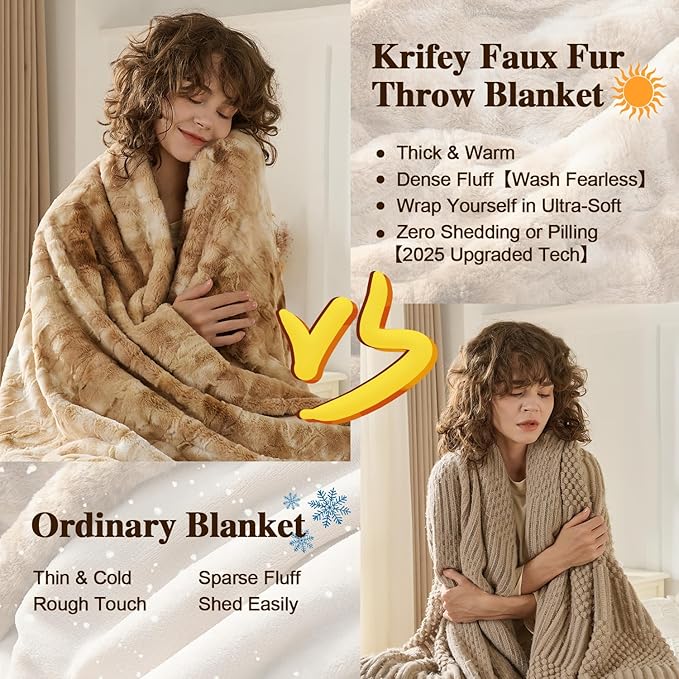 Krifey Faux Fur Blanket for King Size Bed, 3D Texture Soft Cozy Fuzzy Plush Warm Blanket, Christmas Birthday Gifts for Women Mom Girlfriend Men, Room Decor, Marbled Beige, 108x90in