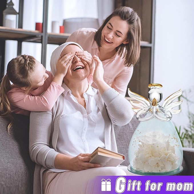 ANLUNOB Preserved Rose Birthday Gifts for Women Mom Grandma Wife, Glass Angel Figurines Gifts with Pretty White Flowers for Anniversary Wedding