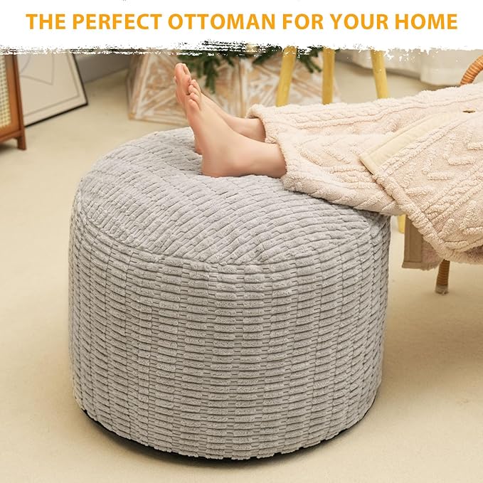 Round Stuffed Pouf Ottoman for Foot Rest, Storage Ottoman Pouf Foot Stool Cushion, Faux Fur Poufs with Foam Chunk Filling, 26 X 18 Inch Floor Chair for Living Room Bedroom Home Decor, Light Gray