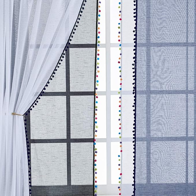 Treatmentex Black and White Sheer Curtains for Living Room 95" Long Linen Curtain Draperies for Nursery Room Decorative Pompom Voiles 2 Panels