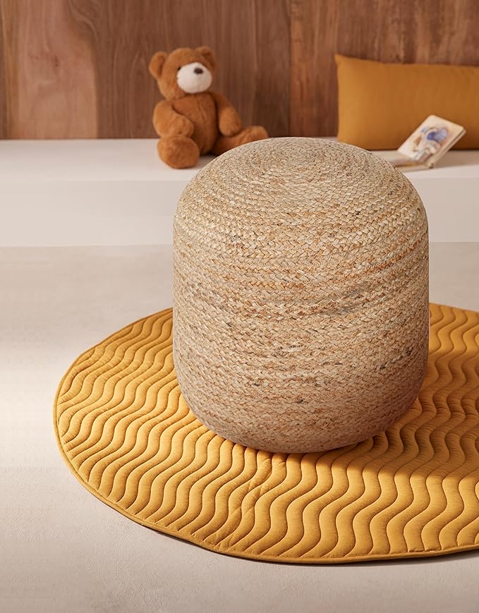 Palisa Jute Pouf Ottoman - Natural, Stuffed Boho Foot Rest Stool for Couch, Living Room, Kids Bedroom, Outdoor Patio Seat | Farmhouse Braided Accent Chair Pouffs - 16x16x18 Inches