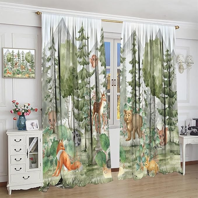 Kids Forest Animal Curtains,Fox Elk Bird Animal Watercolor Woodland Print Curtains Kids Nursery Bedroom Living Room Home Decoration 42x45 Inch