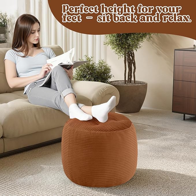 MeMoreCool Stuffed Round Pouf Ottoman Foot Rest, Floor Pouf Foot Stool with Soft Foam Chunk Filling, Round Small Ottoman Footstool Circle Footrest for Couch Living Room, Corduroy Coffee
