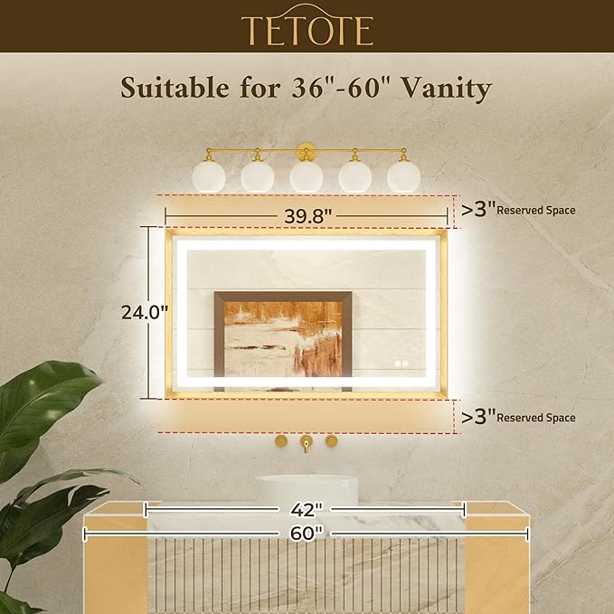 TETOTE 40 x 24 Led Mirror Brushed Gold Metal Frame Frontlit & Backlit Vanity Mirror Anti-Fog Stepless Dimmable 3 Colors White/Warm/Natural Wall Mirror with Lights Wall-Mounted