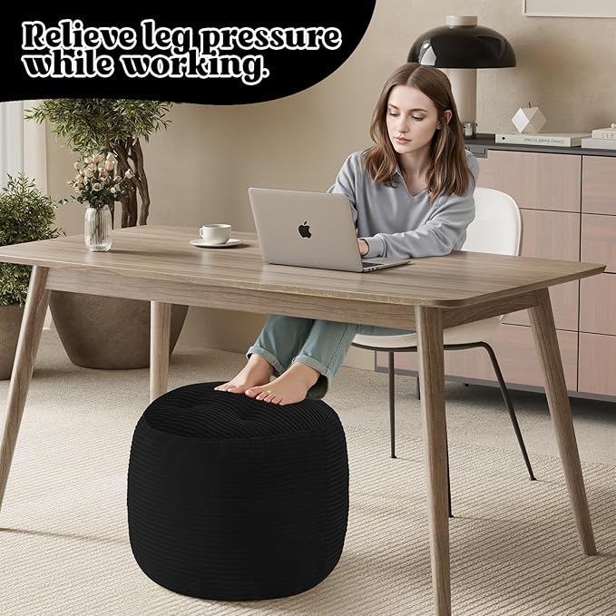 MeMoreCool Stuffed Round Pouf Ottoman Foot Rest, Floor Pouf Foot Stool with Soft Foam Chunk Filling, Round Small Ottoman Footstool Circle Footrest for Couch Living Room, Corduroy Black