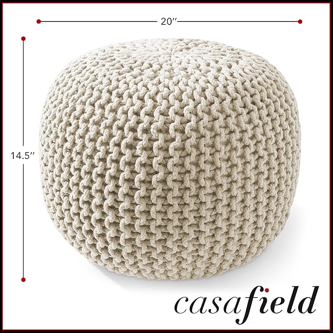 Casafield Round Pouf Ottoman, Natural - 20" Diameter x 14.5" High Cotton Knit Foot Stool - Boho Floor Pouffe for Living Room, Bedroom, Home Office