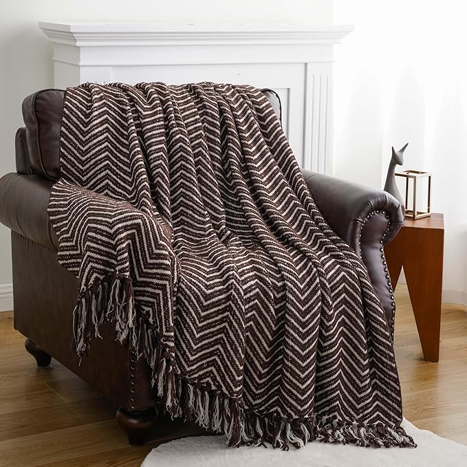 BATTILO HOME Chocolate Brown Throw Blanket for Couch, Decorative Knit Dark Brown Blanket for Bed, Super Soft Warm Throw for Fall Winter Accent Decor, 50''x60'', Chocolate/Cream