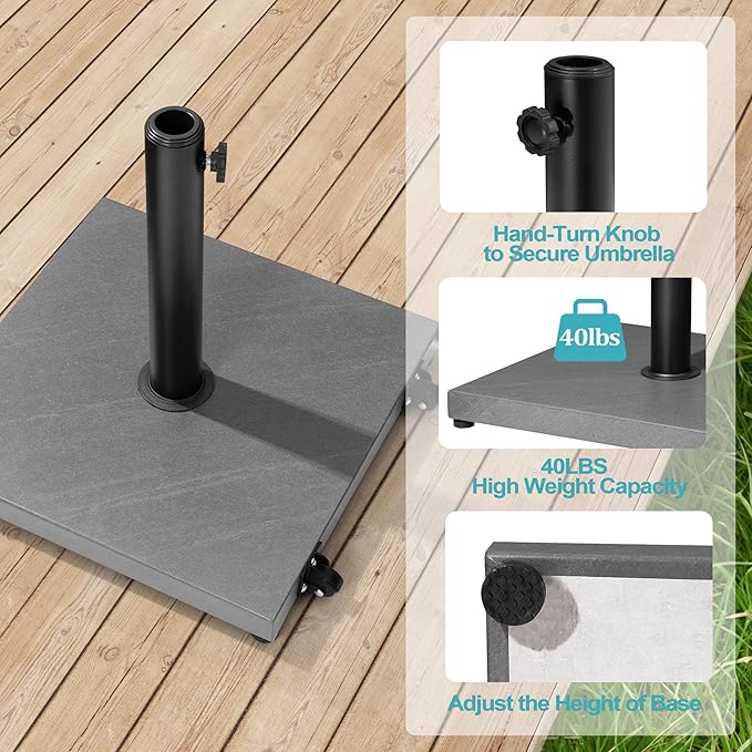 Patio Umbrella Base 43lbs Outdoor Umbrella Stand with Wheels, Heavy Duty Square Concrete Stand Market Umbrella, Gray