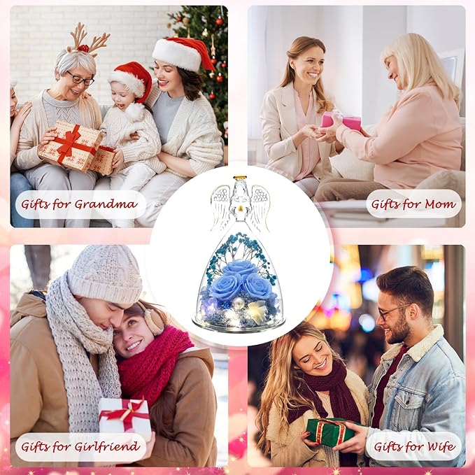 ANWEAO Gifts for Women Christmas Birthday Gifts for Mom Preserved Blue Rose with Lights Forever Flower in Glass Angel Figurines with I Love You Necklace Birthday Gifts for Women Her Mom Wife Grandma