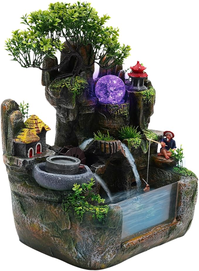 Indoor Fountain Rockery Tabletop Fountain with an Atomizer Elaxation Water Feature Meditation Desktop Fountains for Home Office Decor or Gift 11.8'' x 7.87'' x 14.9'' with LED Light