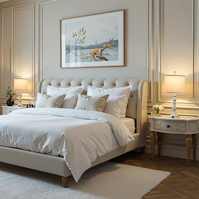 23'' Farmhouse Table Lamps for Living Room Set of 2 with USB C+A Ports, Retro Bedside Lamp for Bedroom, Office, Dining Room, Knob Switch, 3 Color Temperatures, Bulb Included, Beige