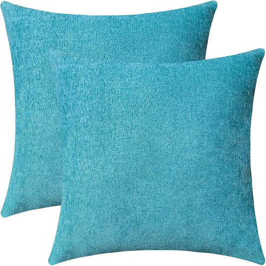 Jeneoo Decorative Turquoise Blue Throw Pillow Covers Rustic Farmhouse Square Chenille Soft Comfy Kids' Cushion Couch Cases for Sofa Living Room (Set of 2, 14 x 14 Inches)