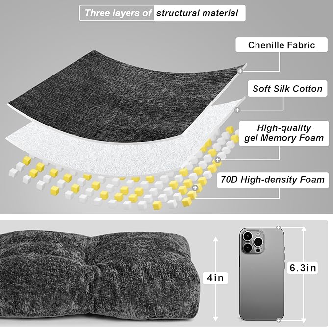 Bench Cushion 45 Inch - Luxury Chenille, High-Density Memory Foam, Non-Slip Bottom, Soft Durable Indoor Tufted Long Seat Cushion for Window Garden Furniture (Dark Gray, 45x18x4 Inch)