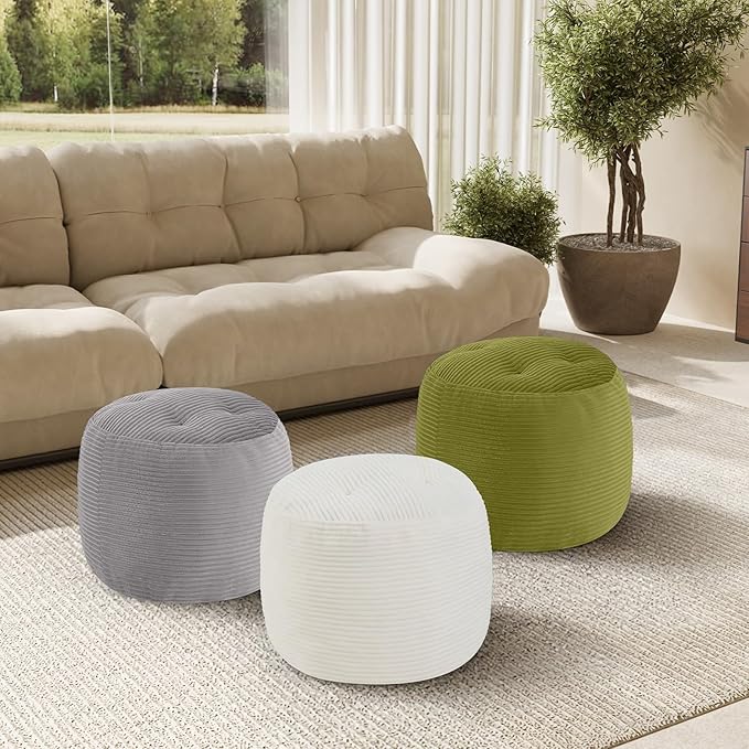 MeMoreCool Stuffed Round Pouf Ottoman Foot Rest, Floor Pouf Foot Stool with Soft Foam Chunk Filling, Round Small Ottoman Footstool Circle Footrest for Couch Living Room, Corduroy Beige