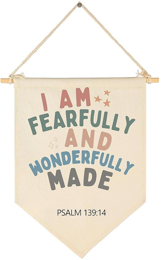 Christian Bible Verses Art-Scripture Flag Sign Gift for Baby Newborn Boys Girls Kids-Banner Wall Decor Gift for Nursery Bedroom Playroom Front Door-Baby Gift Shower-I Am Fearfully