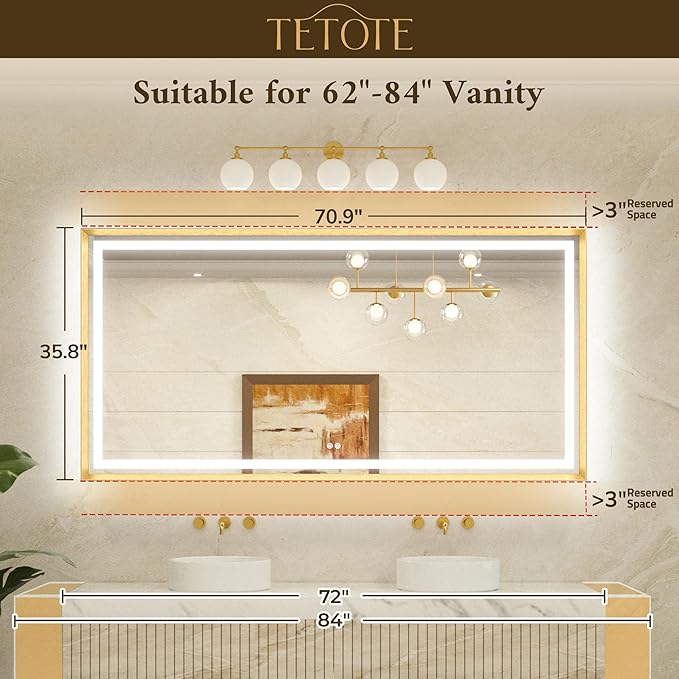 TETOTE 72 x 36 Large Bathroom Mirror Brushed Black Metal Frame Frontlit & Backlit Vanity Mirror 3 Colors White/Warm/Natural Stepless Dimmable Anti-Fog Bathroom Mirrors for Vanity Wall-Mounted
