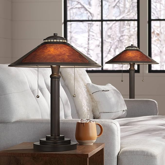 Robert Louis Tiffany Mica Collection Mission Tiffany Style Desk Table Lamps 18 1/2" High Set of 2 Art Deco Rustic Rubbed Bronze Natural Mica Shade for Bedroom House Bedside Nightstand Home Office